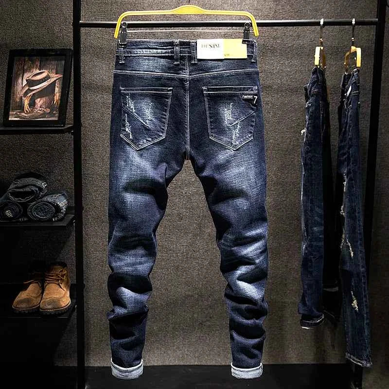 2025 New Ripped Jeans Men Slim-fit Denim Pants Cotton Korean Style Fashion Elasticity Versatile Blue Black Men's Clothing