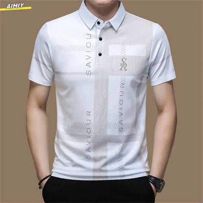 Men's Polo Shirt Business Casual Summer Short Sleeves Tops Pattern Print Button T Shirt Loose Clothes Fashion Polo T Shirt