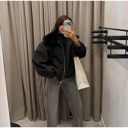 Solid Twill Denim Jacket Women Chic Patchwork Fur Collar Lapel Full Sleeve Zipper Pockets Loose Coat Lady Commute Street Wear