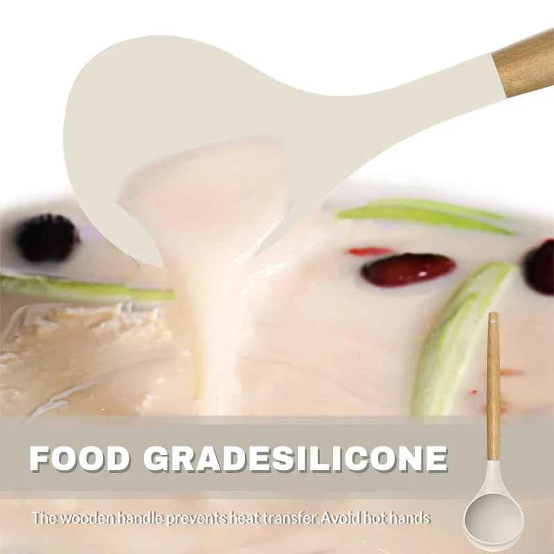 Silicone Cookware Set 12pcs Kitchen Utensil Wooden Handle Non-stick Spatula Shovel Spoon Kitchen Cooking Specialty Tools