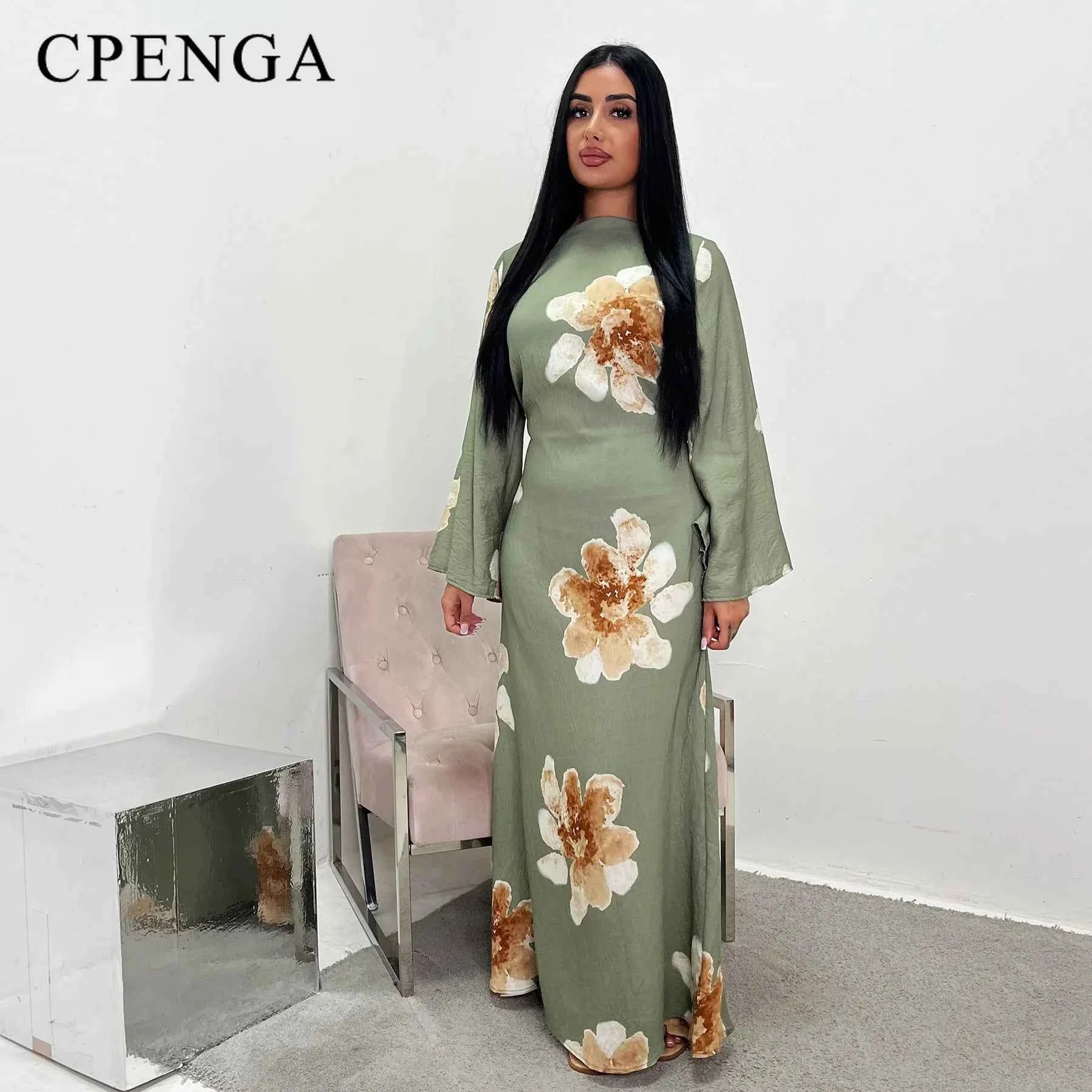 Arabesque Bell Sleeve Flowy Maxi Abaya Dress Elegant Floral Print Muslim Modest Long Dress Islamic Vacation Outfit Summer Robe