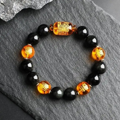 Natural Tiger's Eye Stone Three-sided God of Wealth Bracelet Auspicious Lucky Lucky Safe Men's and Women's Hand String Couple's