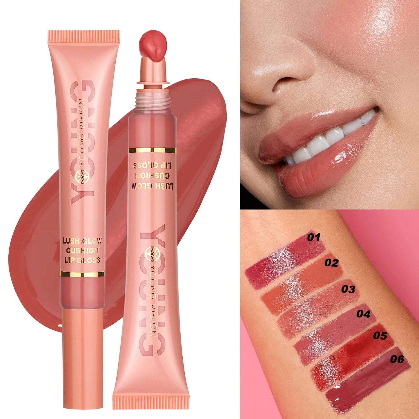 YOUNG VISION 6 color Liquid Water Brightening Lip Color Plush Brush Head Squeezing Lip Color Moisturizing Lip Glaze - AMULET RING STORE