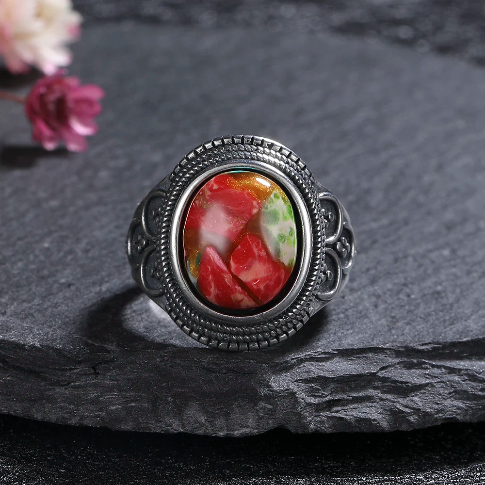 Vintage Natural Emperor Stone Ring S925 Silver Retro Hollow Luxury Fine Jewelry Wedding Gift for Women - AMULET RING STORE