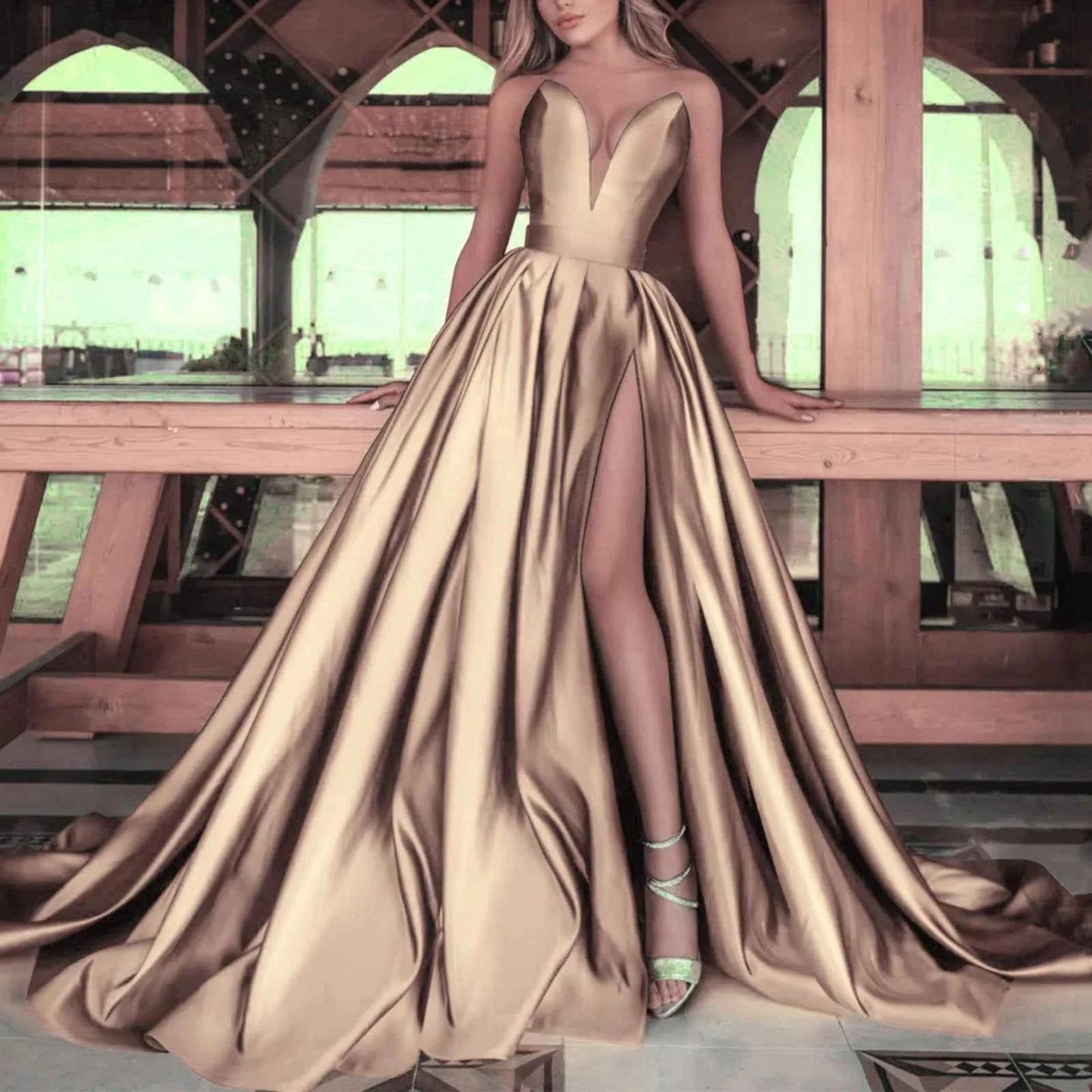 Gold Evening Dress Women Elegant Satin Sleeveless Off The Shoulder Split Bridal Formal Long Ball Gowns Trend Pageant Dress