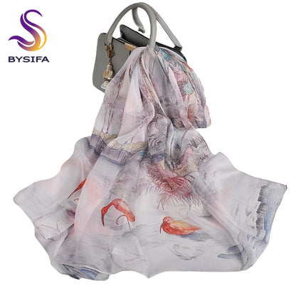 [BYSIFA] Women Chiffon Pure Silk Scarf Cherry Blossom Floral Design Long 100% Silk Shawl Scarf Purple Pink Silk Scarves Echarpes