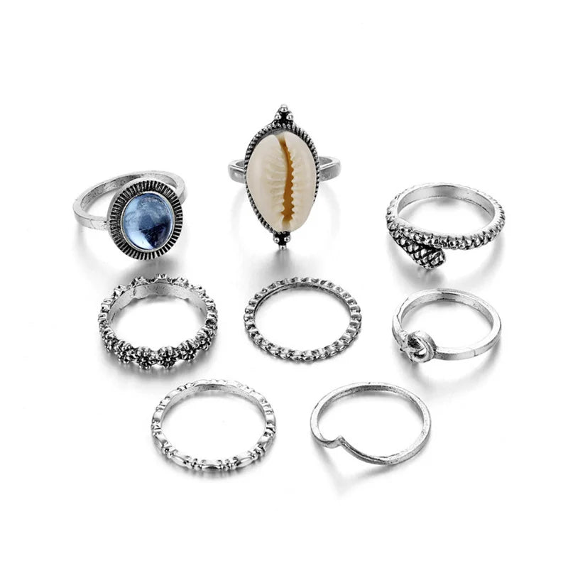 Antique Star Moon Snake Flower Shell Ring Set for Women Ethnic Style Creative Party Jewelry Accessories Custom Jewelry