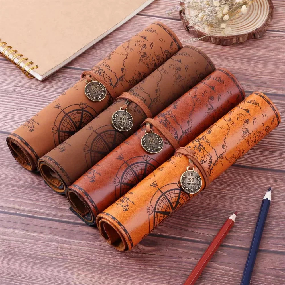 Vintage Treasure Map Pencil Case, Leather Roll-Up Pouch w/ Embossed Buckle, Large Capacity School Office Organizer (Gift) - AMULET RING STORE