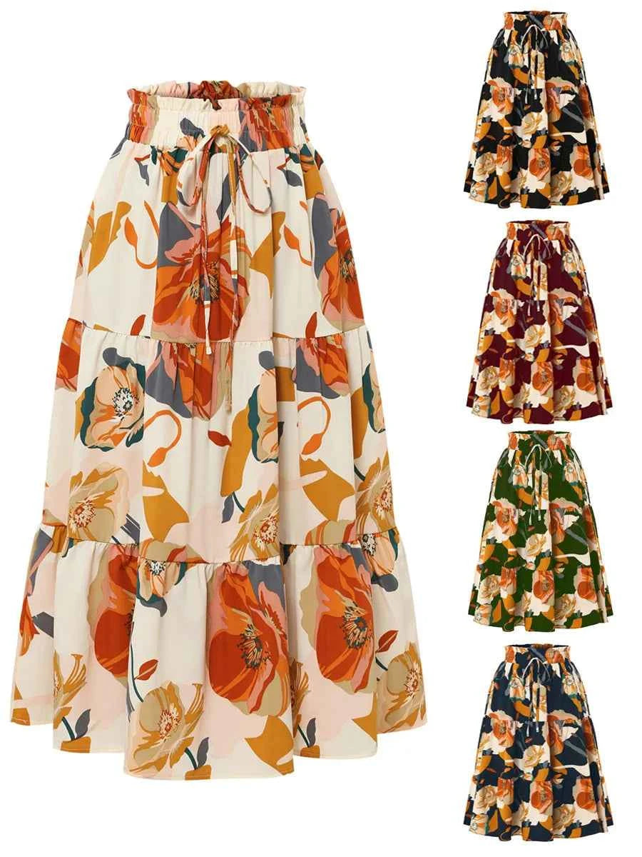 Women Floral Print Elastic Waist Pleated Skirt Multiple Colors All-match Lady Skirt