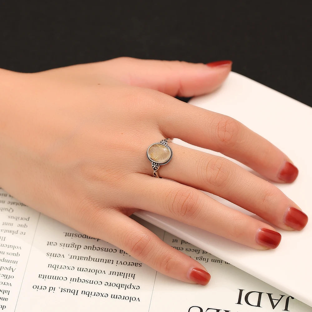 Natural Crystal Ring S925 Silver Adjustable Open Bands Rutilated Quartz Healing Stone Golden Needles Handmade Boho Jewelry - AMULET RING STORE