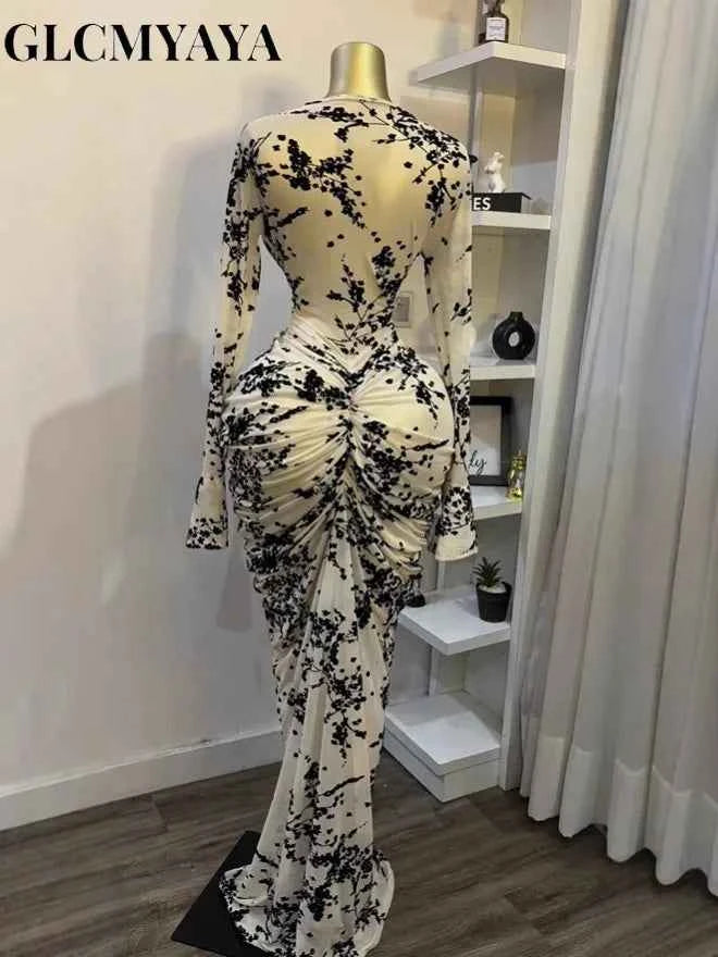 CM.YAYA Women Long Sleeve Stacked Mesh See Though with Lining Bodycon Long Dress 2025 Autumn Evening Birthday Sexy Party Dresses