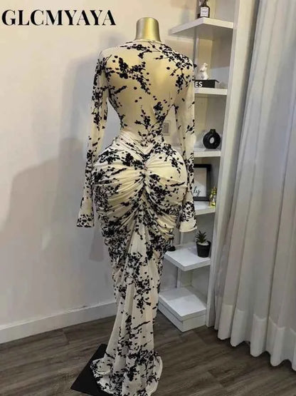 CM.YAYA Women Long Sleeve Stacked Mesh See Though with Lining Bodycon Long Dress 2025 Autumn Evening Birthday Sexy Party Dresses