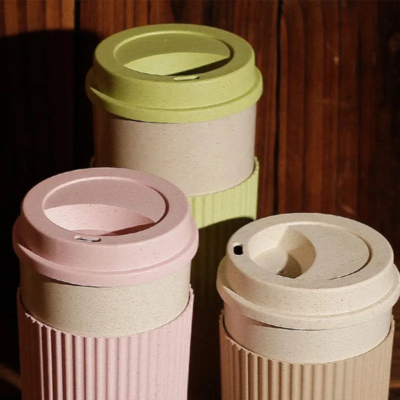 350/450/550ml Wheat Straw Coffee Cup Portable High Temperature Resistant Water Cup With Lid Reusable Eco-Friendly Travel Mug - AMULET RING STORE
