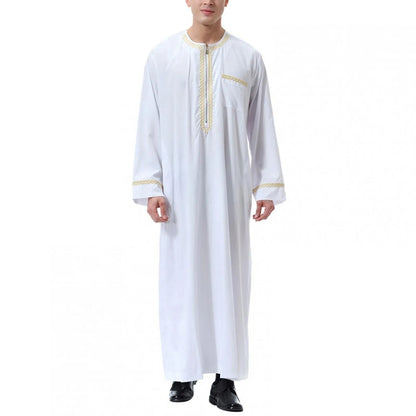 Traditional Muslim Clothing Men's Muslim Shirt robe embroidery Islamic Royalty Dubai Robe O-Neck Long Sleeve Retro Loose Abaya - AMULET RING STORE