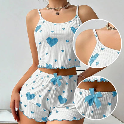 Women's Pajamas Set Sleepwear 2 PCS Short Tank Tops And Shorts S M L White Ventilate Soft Casual Love Printing - AMULET RING STORE