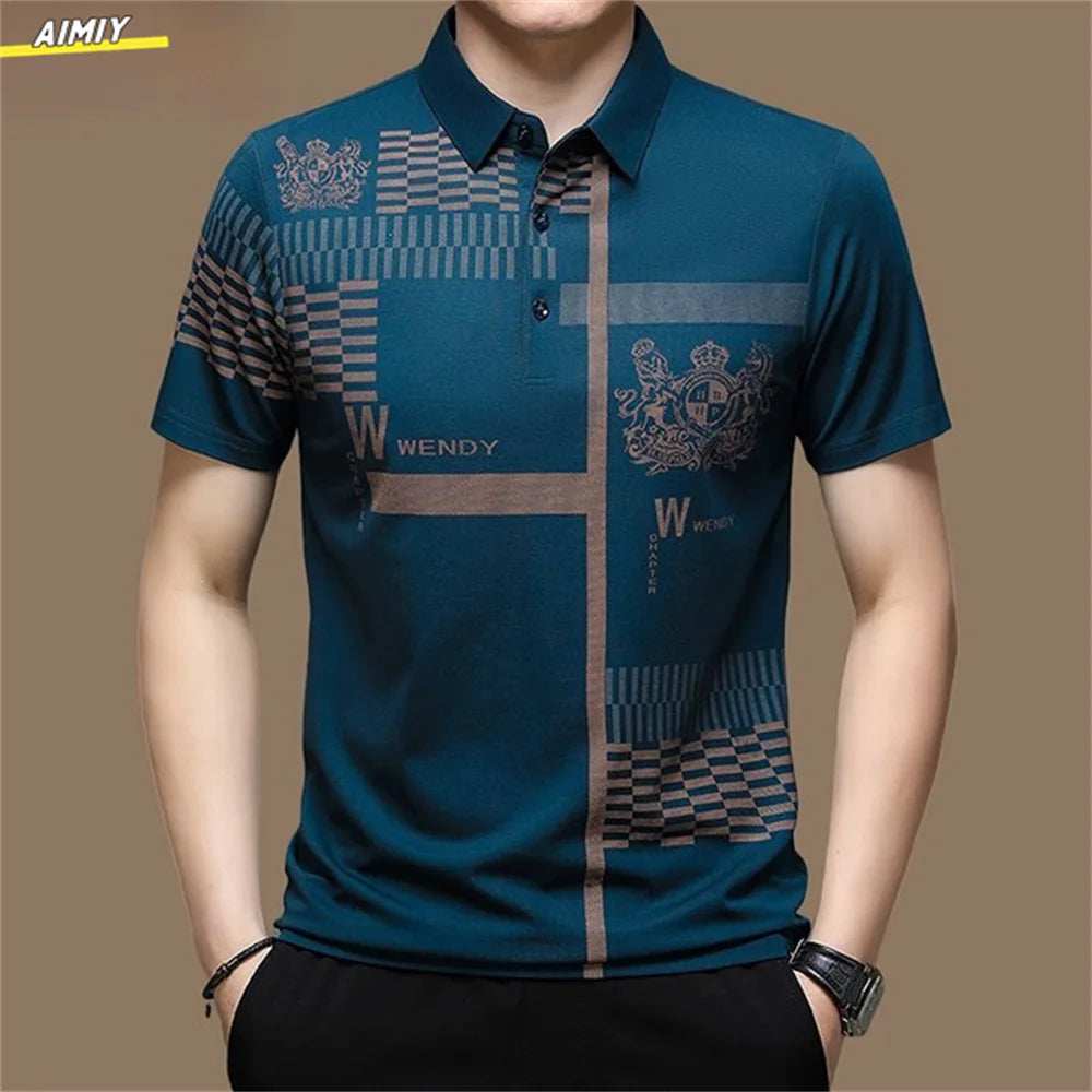 Men's Polo Shirt Business Casual Summer Short Sleeves Tops Pattern Print Button T Shirt Loose Clothes Fashion Polo T Shirt