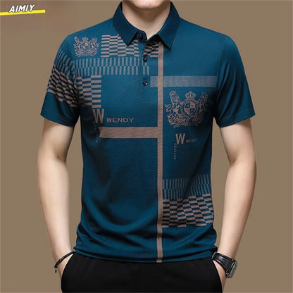 Men's Polo Shirt Business Casual Summer Short Sleeves Tops Pattern Print Button T Shirt Loose Clothes Fashion Polo T Shirt