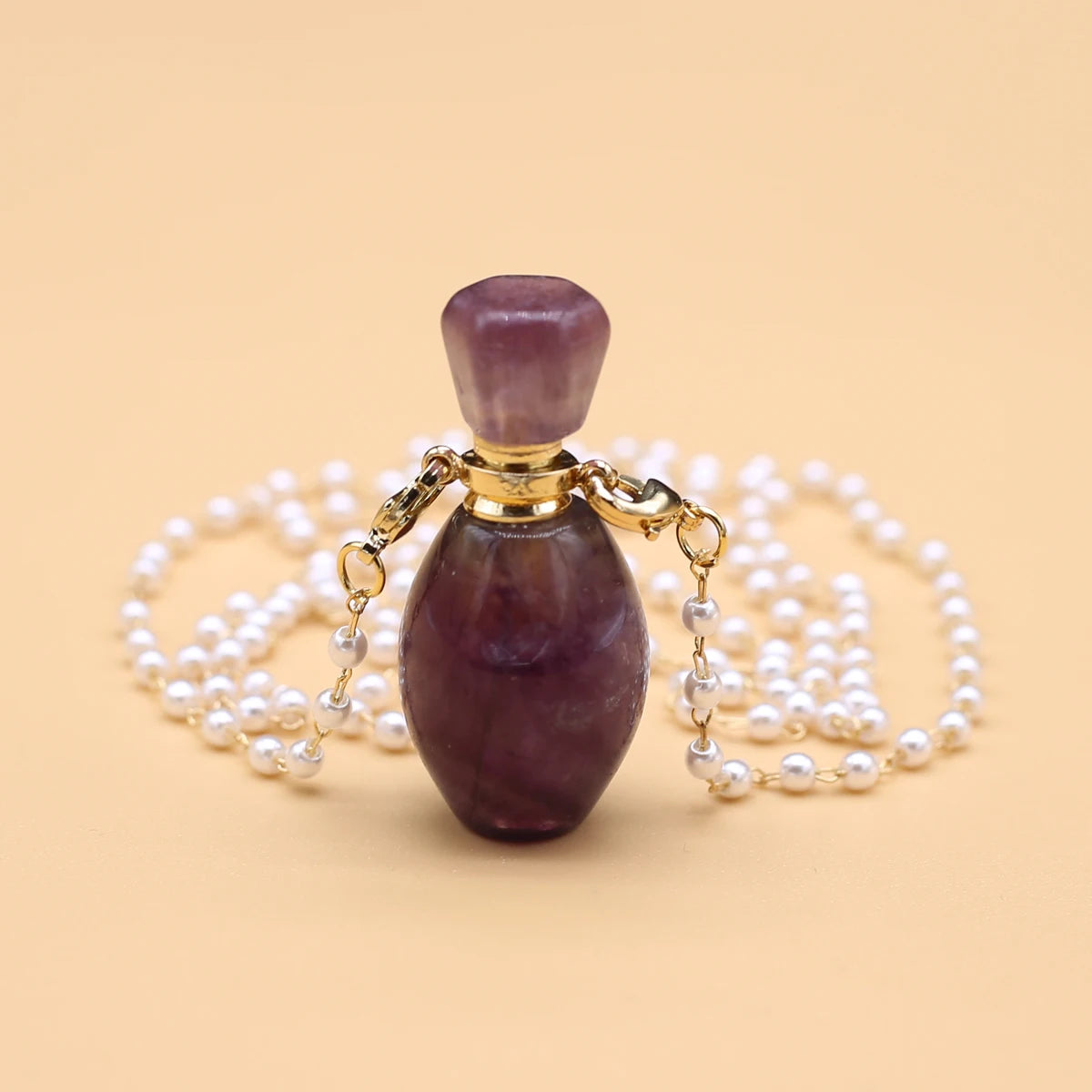 Natural Amethysts Perfume Bottle Pendant Necklace Pearl Chains Essential Oil Diffuser Agates Pendant Necklace For Women Jewerly - AMULET RING STORE