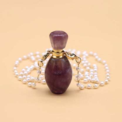 Natural Amethysts Perfume Bottle Pendant Necklace Pearl Chains Essential Oil Diffuser Agates Pendant Necklace For Women Jewerly - AMULET RING STORE