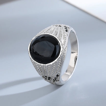 Silver Jewelry Ring Natural Oval Rectangle Big Black Agate Stone Vintage Ring For Women Party Anniversary Gifts Fine Jewelry