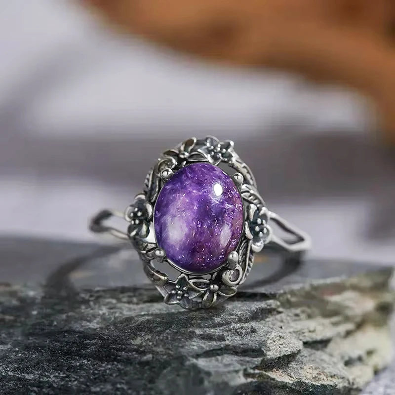 Vintage 925 Sterling Silver Ring Irregular Flowers Natural Rose Quartz Punk Ring Bohemian Silver Ring Fine Jewelry For Women