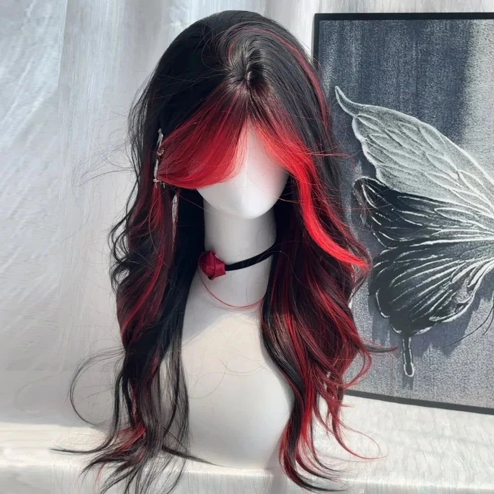 Black Ombre Red Layered Wig Synthetic Long Wavy Women Fluffy Lolita Style Cosplay Wig Middle Part for Daily Party - AMULET RING STORE