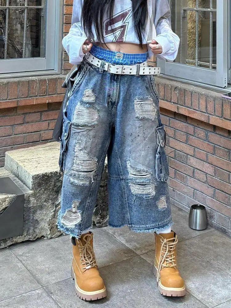 2025 American Vintage Old Baggy Slim Machete Denim Shorts Female Y2K Harajuku Hot Girl Washed Hole Denim Cropped Pants Tide - AMULET RING STORE
