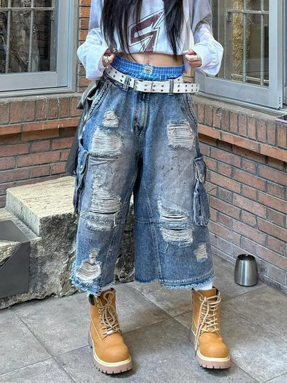 2025 American Vintage Old Baggy Slim Machete Denim Shorts Female Y2K Harajuku Hot Girl Washed Hole Denim Cropped Pants Tide - AMULET RING STORE