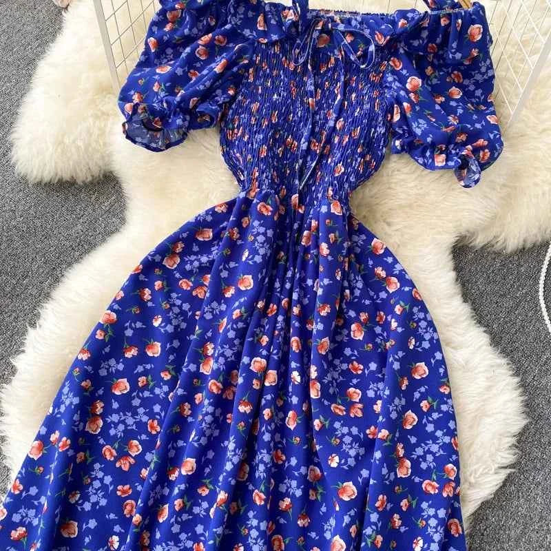 YuooMuoo Romantic Floral Print Long Dress 2024 New Summer Off Shoulders Puff Sleeve Big Swing Women Dress Korean Party Vestidos