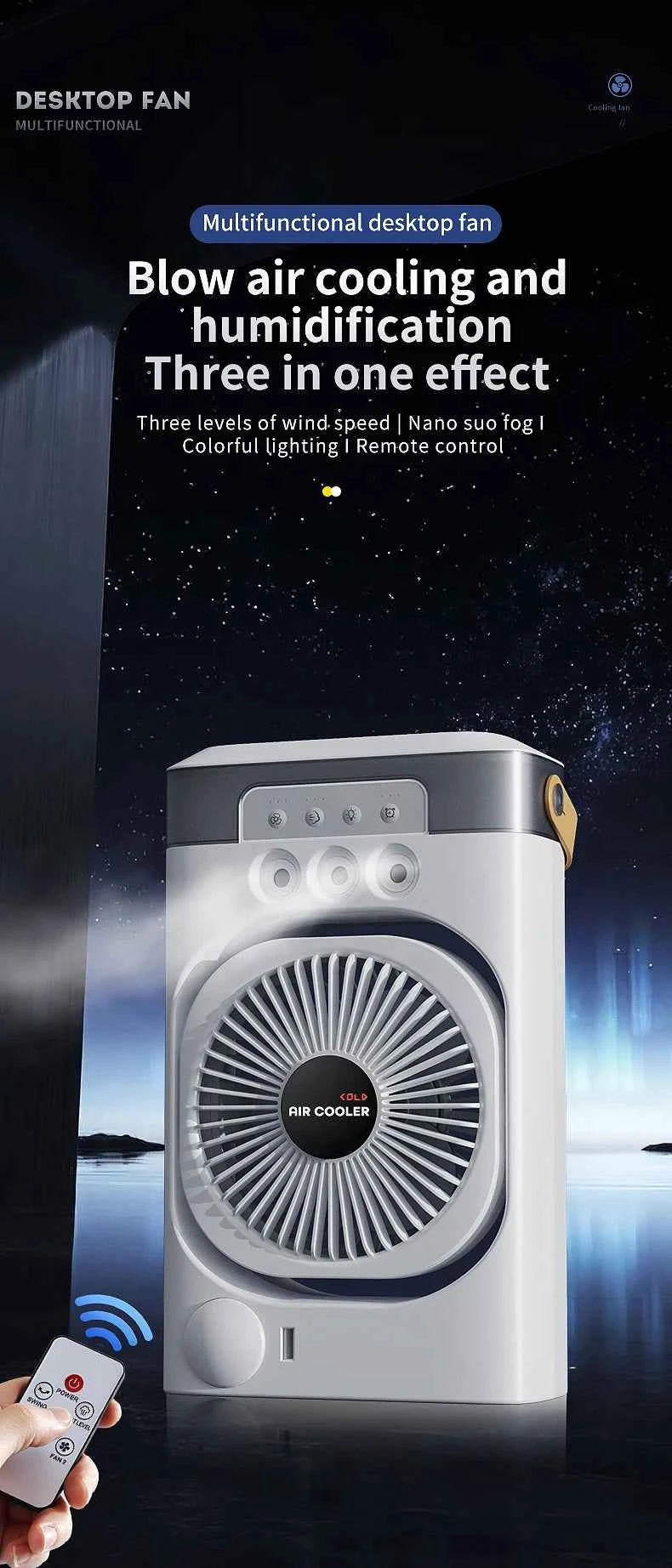 Portable air conditioning fan household 5000 mA desk humidifier small fan office three hole spray fan with color night light