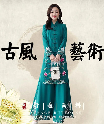 Chinese Styles Vintage Women Hanfu Midi Qipao Two Pieces China Traditional Clothing Pants Set Tang Suit Robe Orientale Clothes