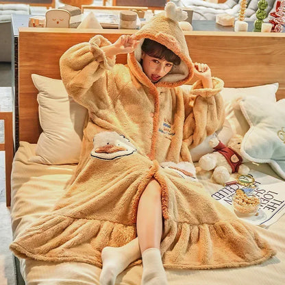 2024 Winter Pajamas For Women Cartoon Hooded Long Robe Strawberry Jacket Cute Home Wear Sleepwear Kawaii Flannel Warm Bathrobe - AMULET RING STORE