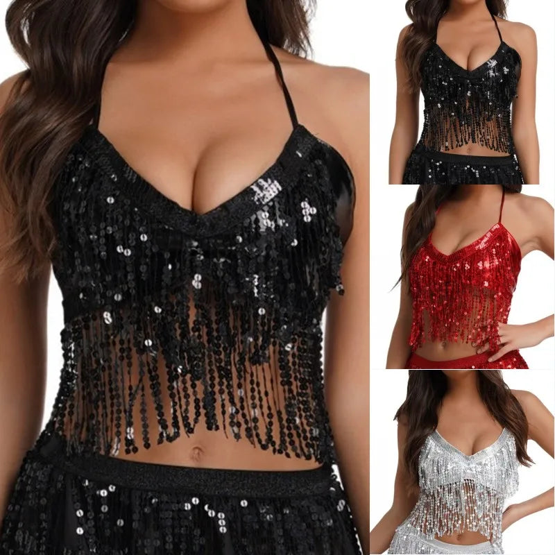Women Belly Dance Tassel Crop Top Sequin Halter Top Bandage Tank Top Strappy Backless Tube Sleeveless Vest Hot Beach Shinny Top - AMULET RING STORE