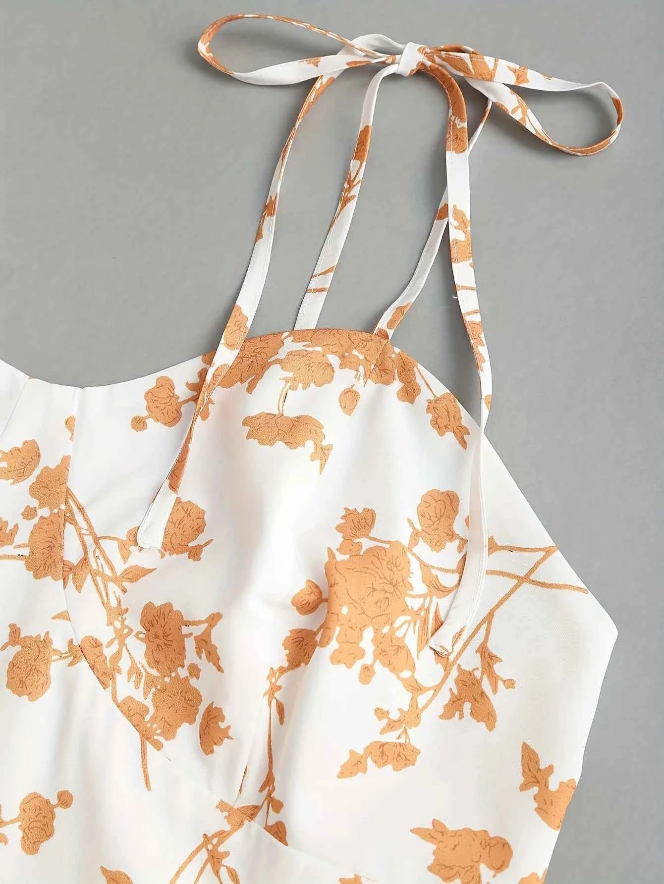 2024 European and American fashion plus size women's new flower print A-line skirt bow tie slit dress