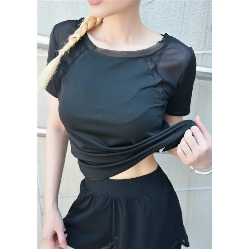 Fashion Casual Mesh Breathable Sportswear Suit Women Short Sleeve Shorts Yoga Clothing Running Fitness Quick Dry Clothes - AMULET RING STORE