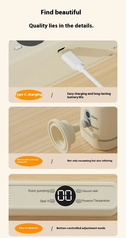 Wireless Vacuum Sealer Machine - 60KPA Powerful Suction, Portable Food Saver with 3 Temperature Levels,External Pumping Function - AMULET RING STORE