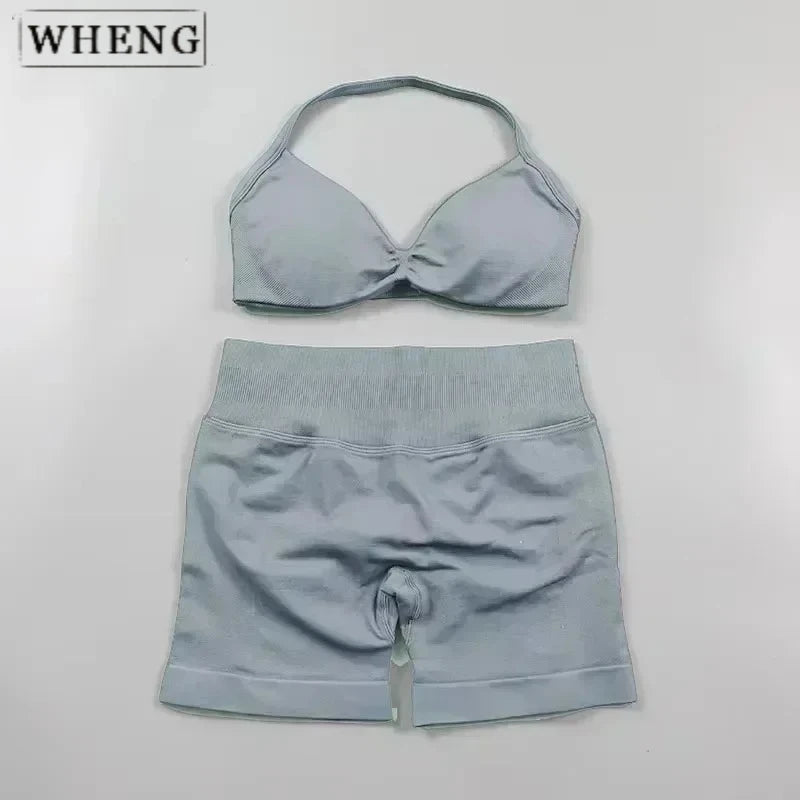 WHENG 2PCS Yoga Fitness Suit Women's Seamless Lace-Up Yoga Bra Top High Waist Workout Scratch Shorts Sports Suit Fitness Suit