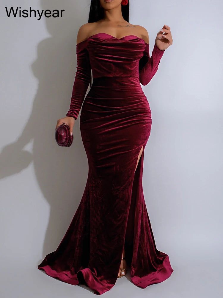 Elegant Women Velvet Off Shoulder Long Sleeve Ruched Split Mermaid Dress Luxury Wedding Evening Birthday Party Festival Vestidos - AMULET RING STORE