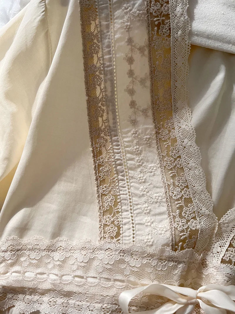 Vintage Embroidery Cotton Long Nightgowns For Lady Lace  Long Sleeve Beige Elegant Nightshirts Comfortable Sexy Night Dress