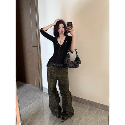 American Sle Hot Girl Long Sve T-irt Women Early Spring Inner Wear Slim Fit Tight Waist Top f Open Collar ort Sle