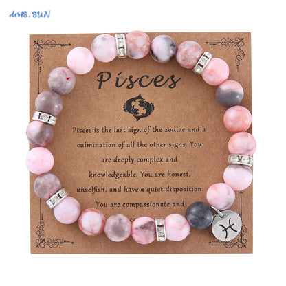 MHS.SUN 12 Star Zodiac Sign Pink Zebra Stone Beaded Bracelets Constellation Fashion Birthday Party Jewelry For Women Men