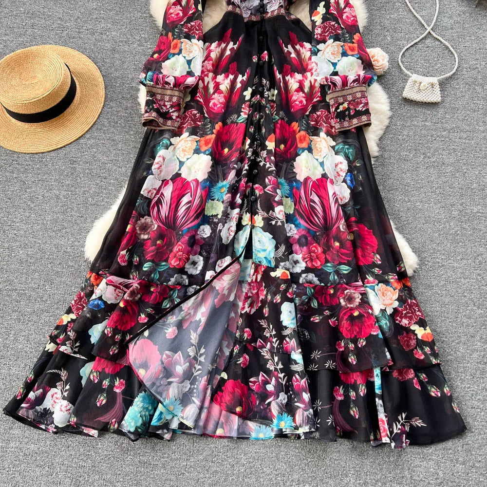 Women Deep V-Neck Bohemian Style Dress Spring Summer Runway Long Sleeve Casual Floral Print Ruffles Sweet Cascading Vestidos