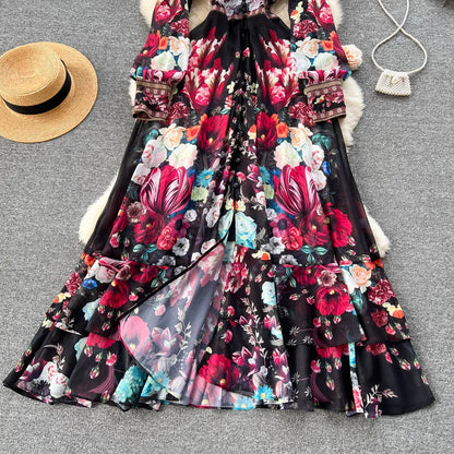 Women Deep V-Neck Bohemian Style Dress Spring Summer Runway Long Sleeve Casual Floral Print Ruffles Sweet Cascading Vestidos
