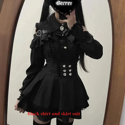 Sweet Gothic Lolita Two Piece Set, Off Shoulder Blouse + High Waist Skirt, Kawaii Tri-color Lace Coord Outfit for Women & Teens