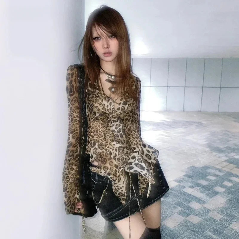 Irregular Shirt Trashy 2000s Vintage Tops Subculture Y2k Leopard Print T-Shirt Harajuku Ruffled Blouses Grunge Aesthetics V-neck - AMULET RING STORE