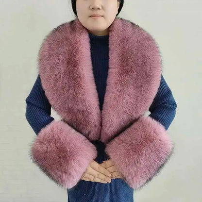 Large Winter Faux Fox Fur Scarf Women Jackets Warm Fluffy Shawl Fashion Artificial Fur Collar And Cuff Set Fluffy Scarves Female