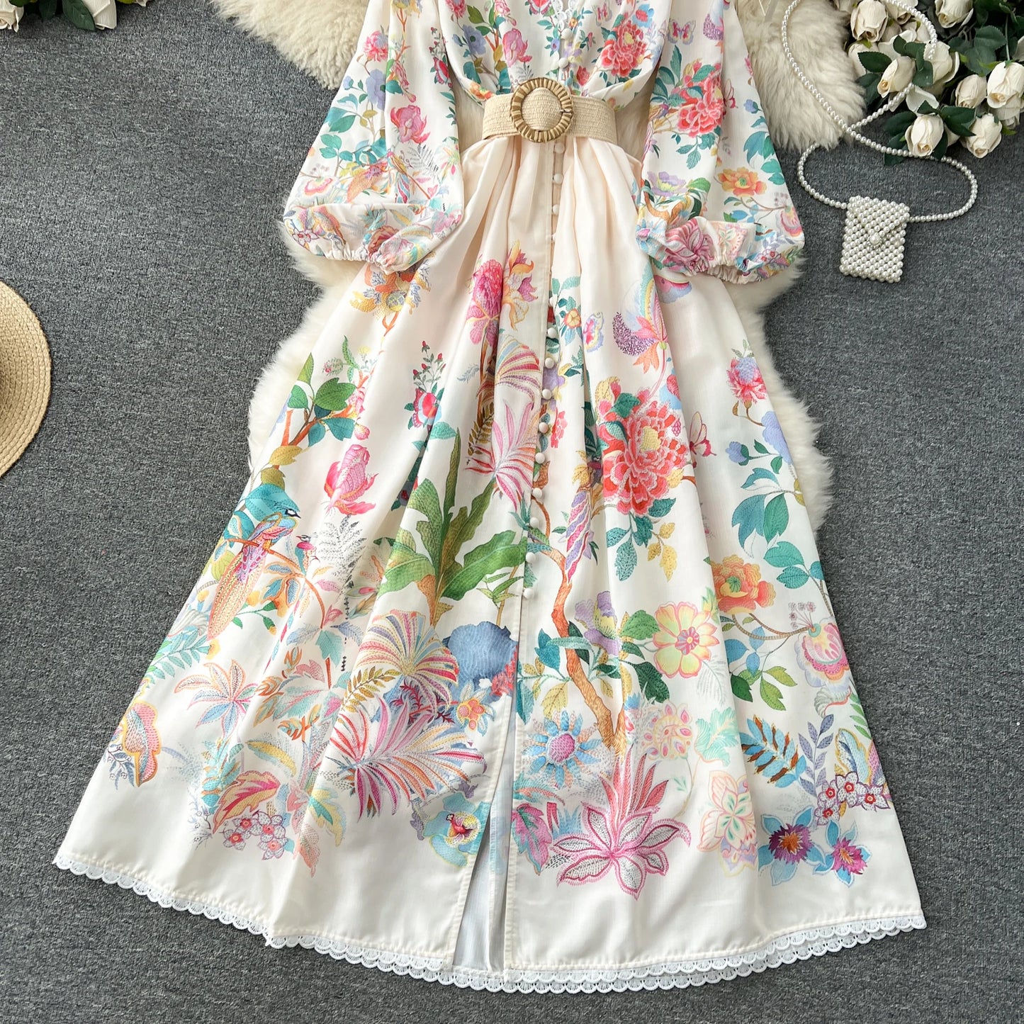 Summer Holiday Flower Robe Dress Women Lace Splicing V-Neck Long Lantern Sleeve Sashes Floral Print Maxi Vestidos Clothes 6272