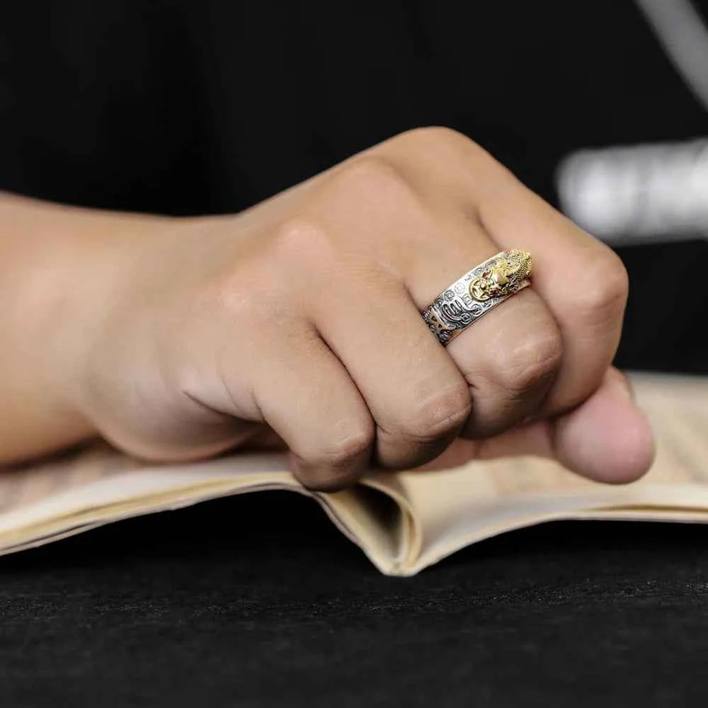 Vintage Pure Silver 999 Six Words Heart Sutra Ring Men's Adjustable Golden Pixiu Vajra Buddhist Religious Fine Jewelry