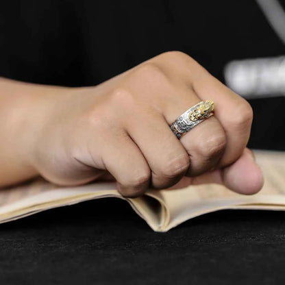 Vintage Pure Silver 999 Six Words Heart Sutra Ring Men's Adjustable Golden Pixiu Vajra Buddhist Religious Fine Jewelry