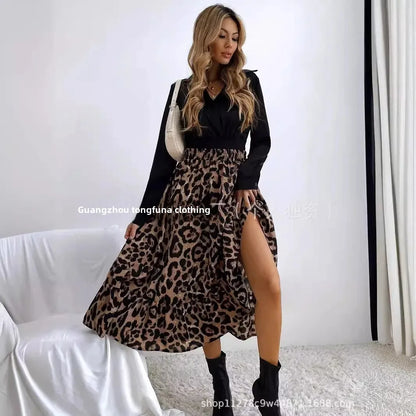 Elegant Leopard Print Halter Neck Mini Dress Polyester Fiber Ruffles Decoration Cross-Border New Arrival 2024 Women's Skirt - AMULET RING STORE